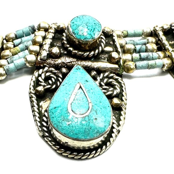 Vintage Tibetan Silver & Turquoise Statement Necklace—Multi-Teardrop Pendant EUC - Picture 3 of 10